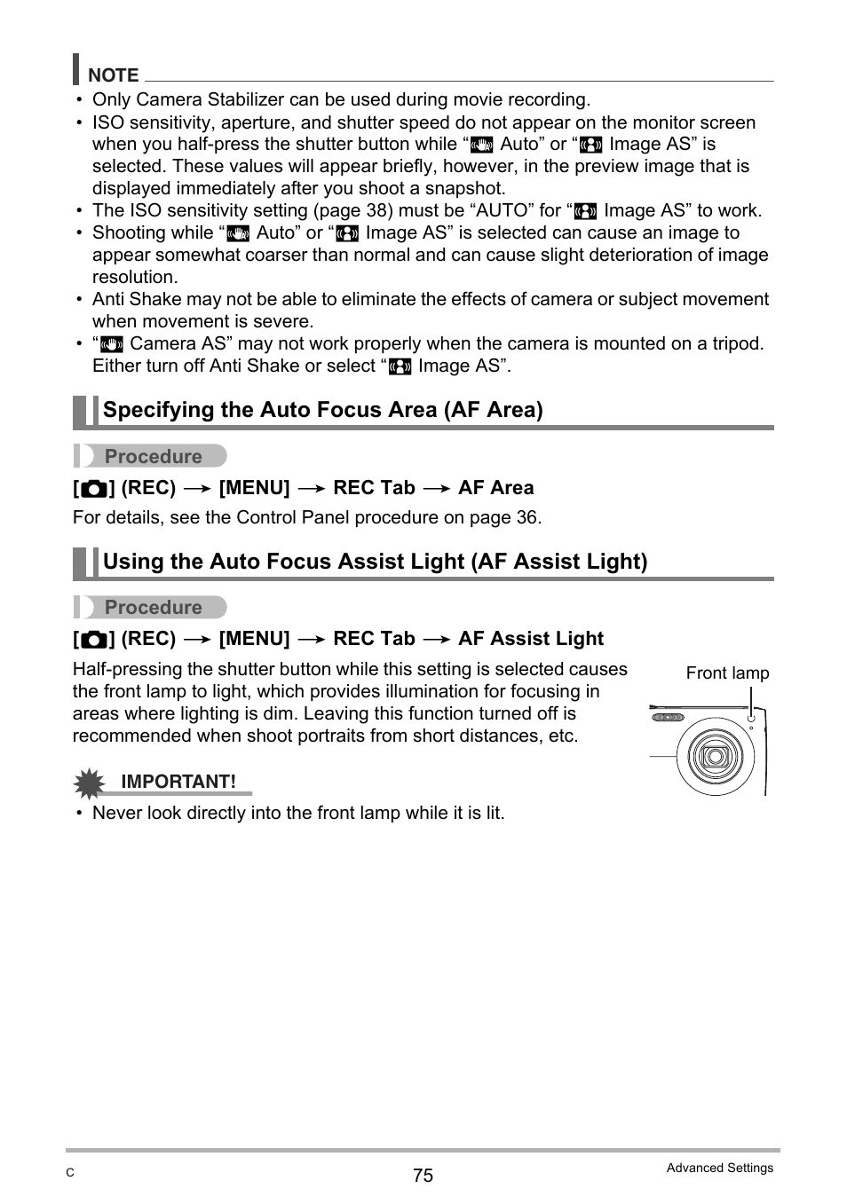 Specifying the auto focus area (af area) | Casio EX-Z400  EN User Manual | Page 75 / 202