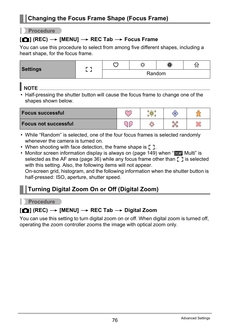 Changing the focus frame shape (focus frame), Turning digital zoom on or off (digital zoom) | Casio EX-Z400  EN User Manual | Page 76 / 202