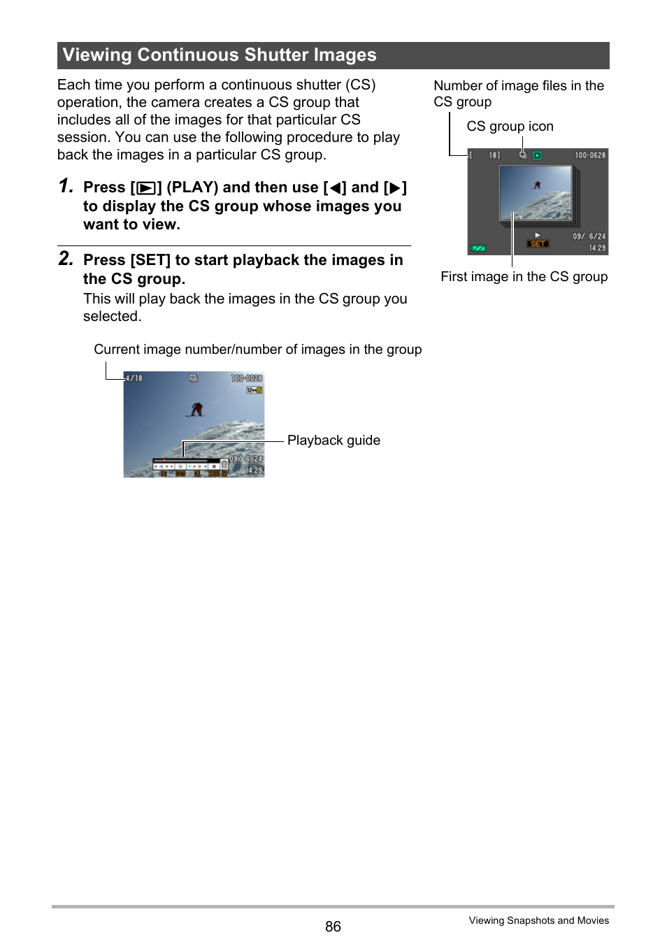 Viewing continuous shutter images | Casio EX-Z400  EN User Manual | Page 86 / 202