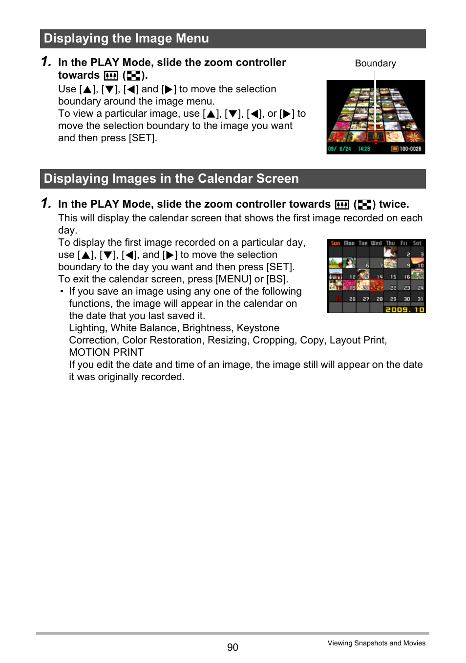 Displaying the image menu, Displaying images in the calendar screen | Casio EX-Z400  EN User Manual | Page 90 / 202