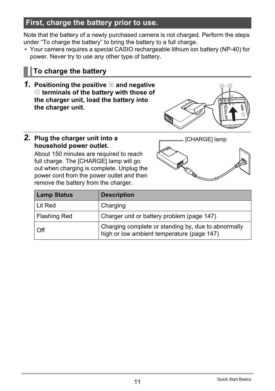 First, charge the battery prior to use, To charge the battery | Casio EX-Z300 User Manual | Page 11 / 170
