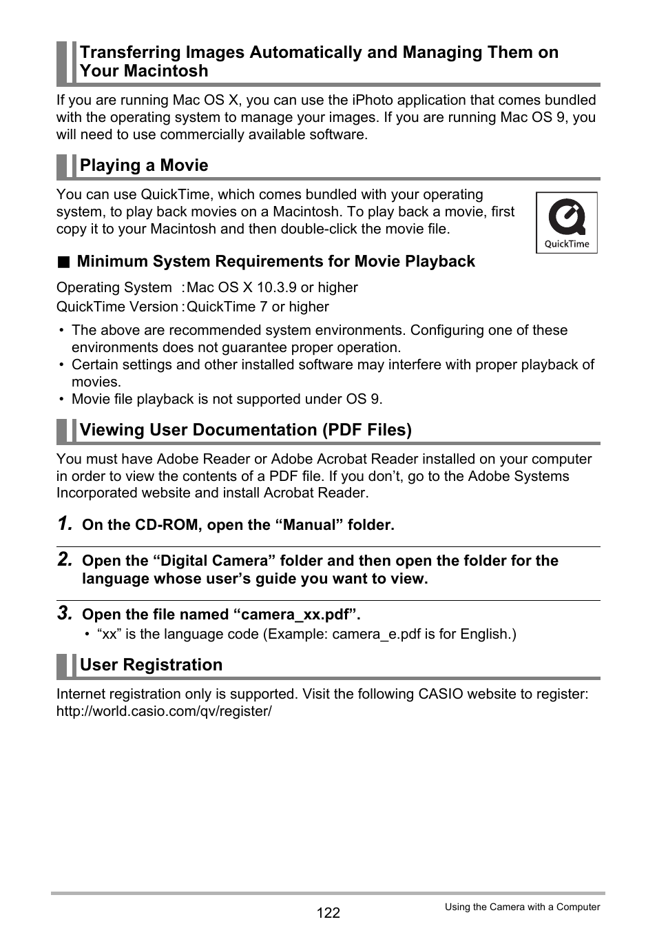 Playing a movie, Viewing user documentation (pdf files), User registration | Casio EX-Z300 User Manual | Page 122 / 170