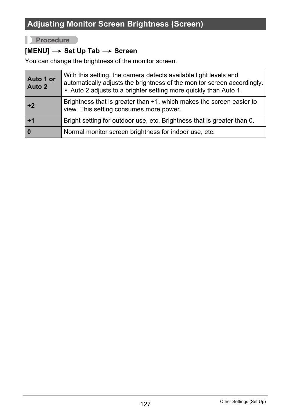 Adjusting monitor screen brightness (screen) | Casio EX-Z300 User Manual | Page 127 / 170