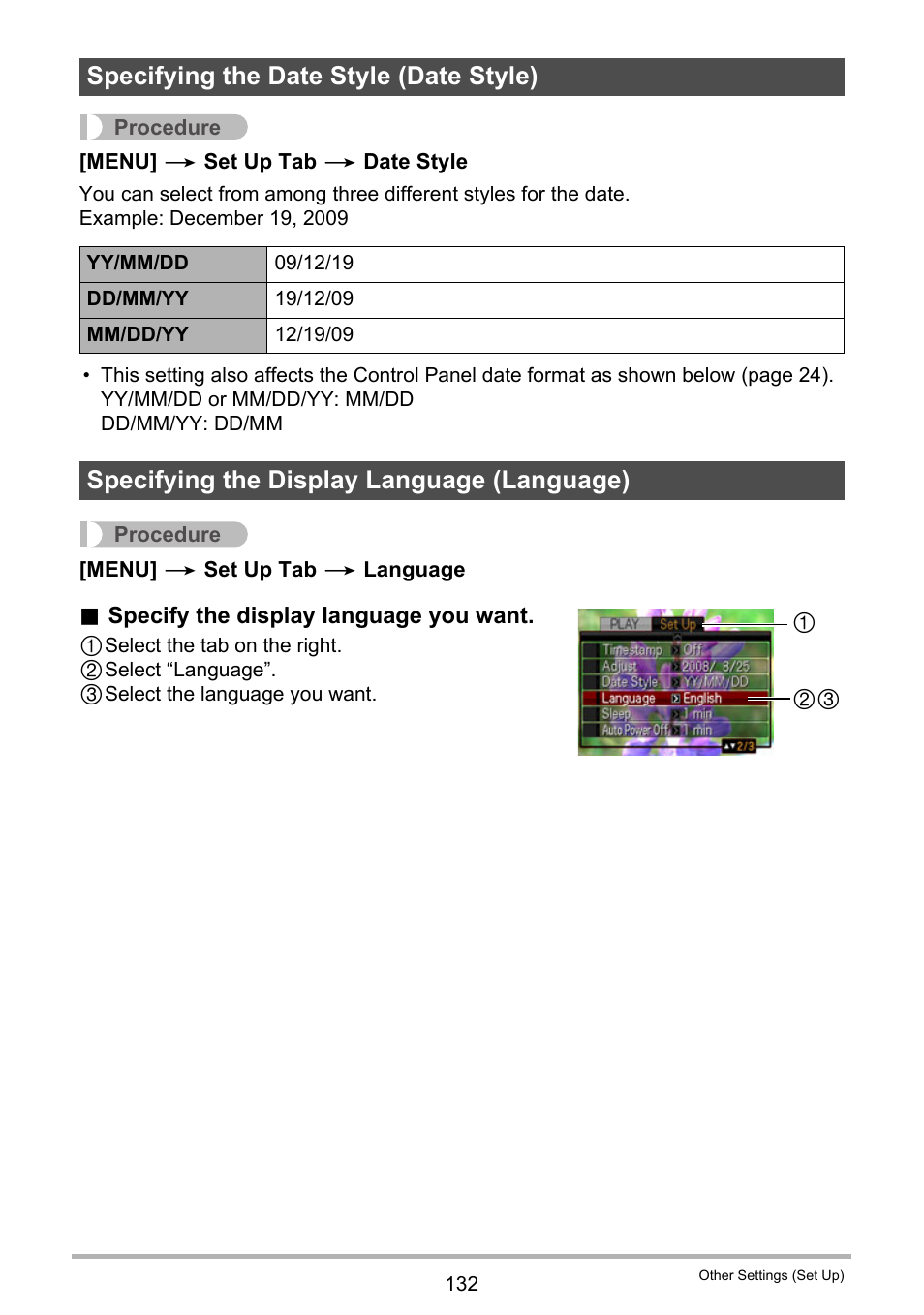 Specifying the date style (date style), Specifying the display language (language) | Casio EX-Z300 User Manual | Page 132 / 170