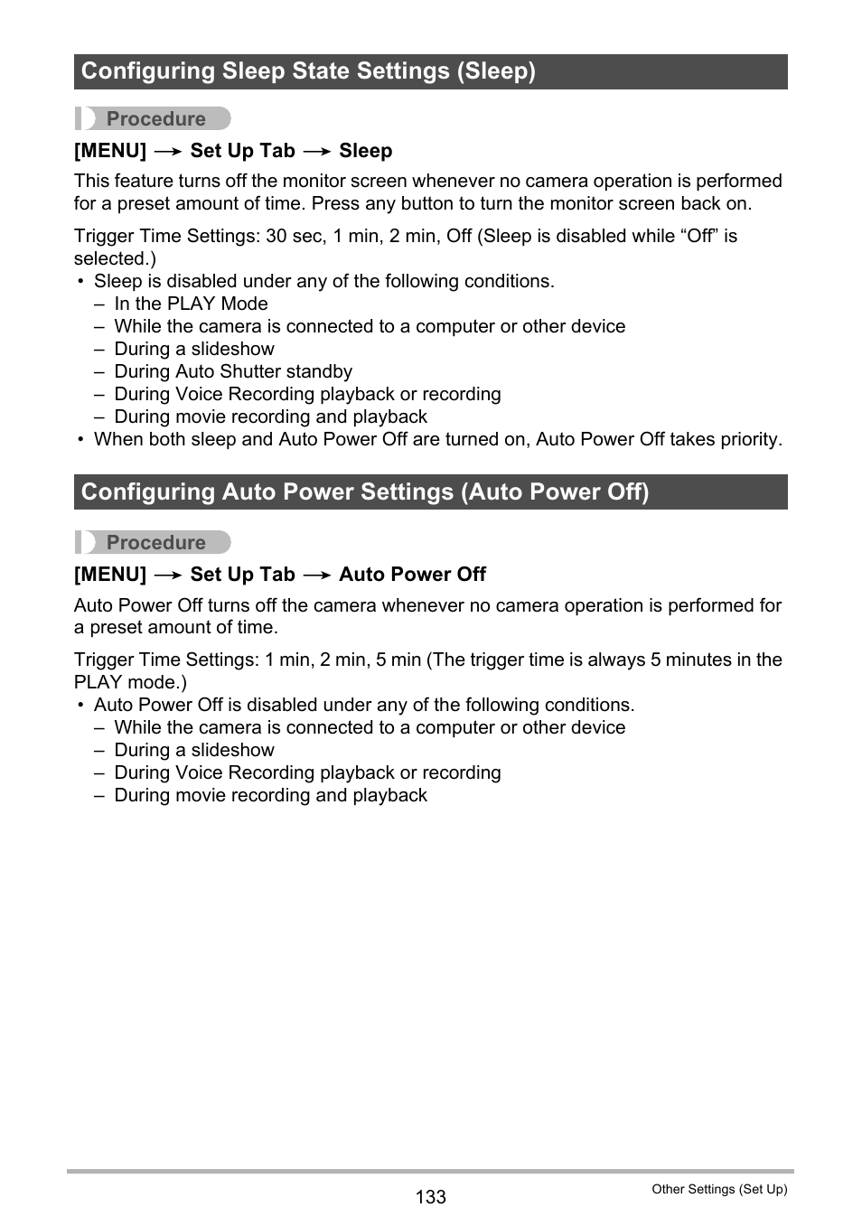Configuring sleep state settings (sleep), Configuring auto power settings (auto power off), Ge 133) | Casio EX-Z300 User Manual | Page 133 / 170