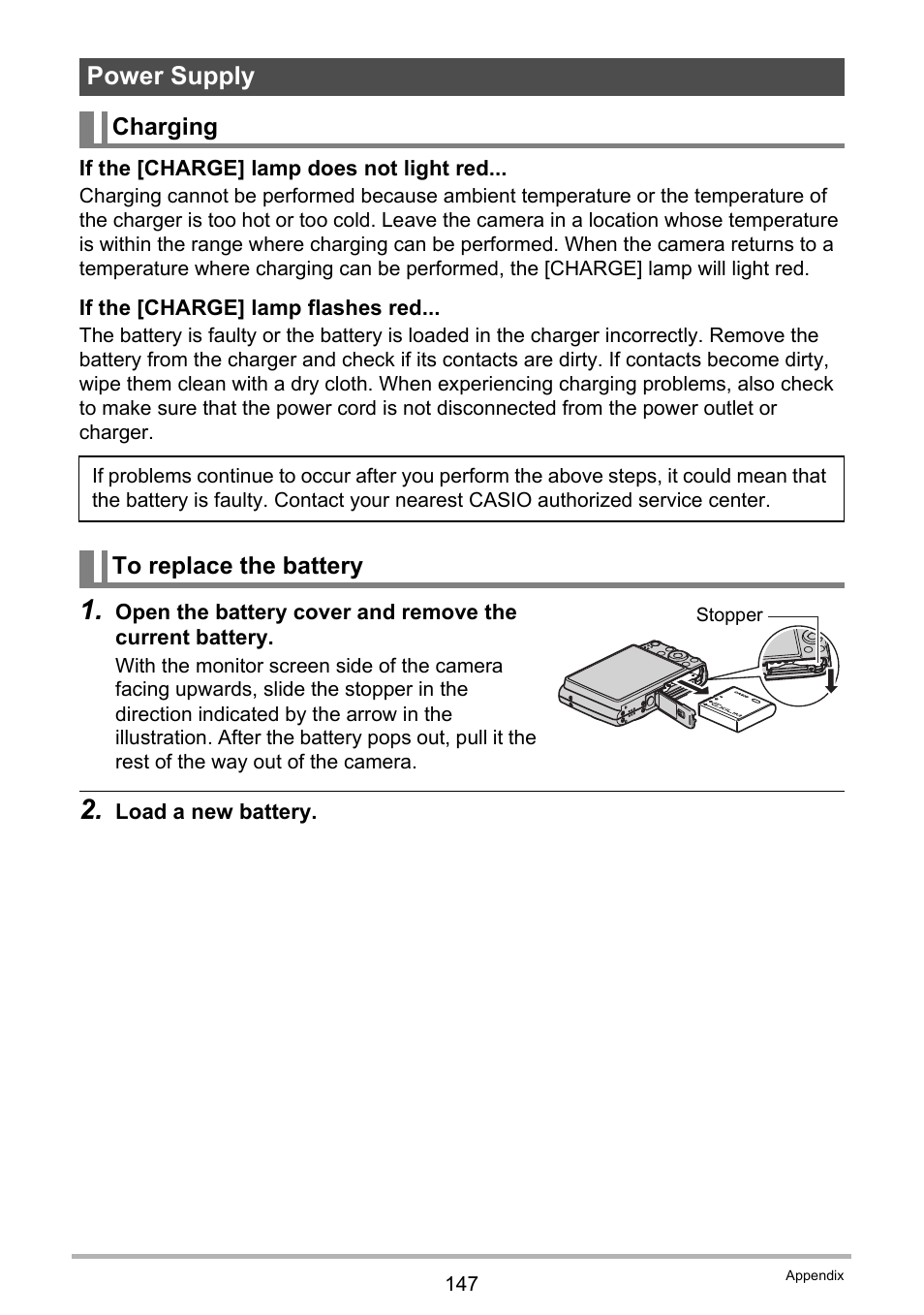 Power supply, Charging, To replace the battery | Casio EX-Z300 User Manual | Page 147 / 170