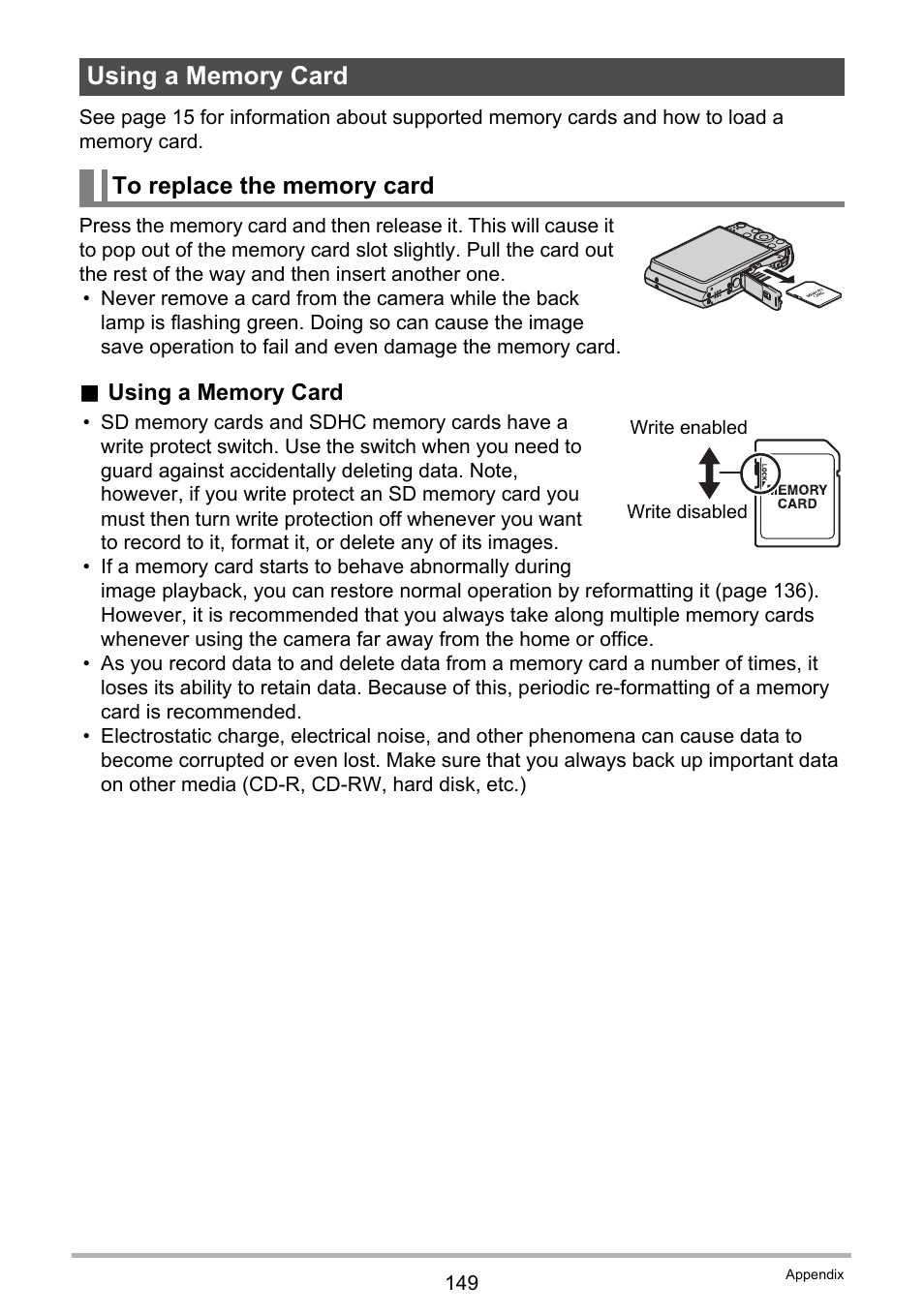 Using a memory card, To replace the memory card | Casio EX-Z300 User Manual | Page 149 / 170