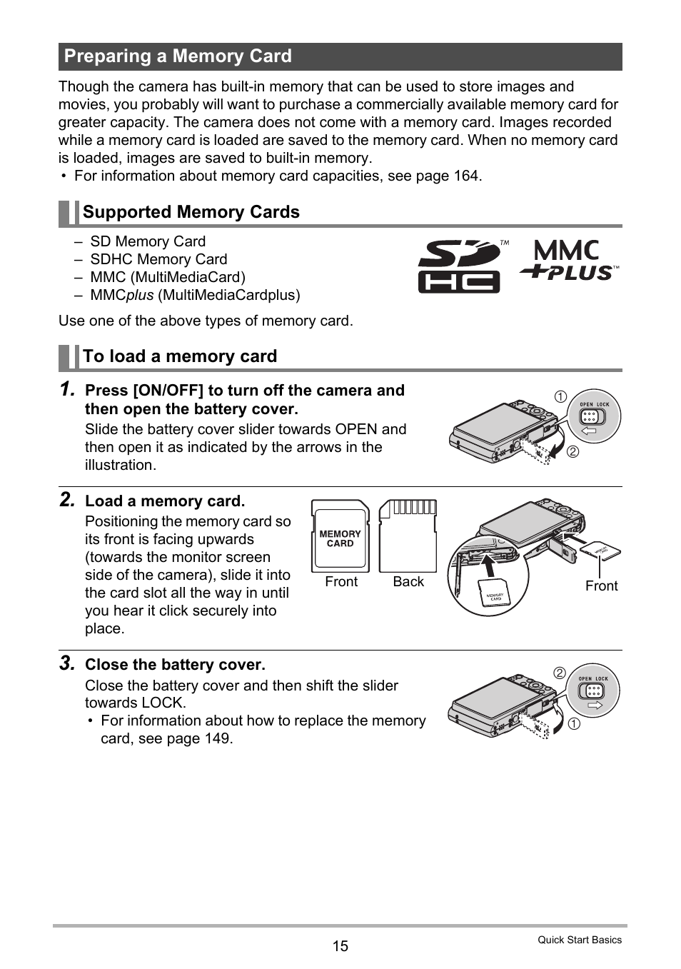 Preparing a memory card, Supported memory cards, To load a memory card | Casio EX-Z300 User Manual | Page 15 / 170
