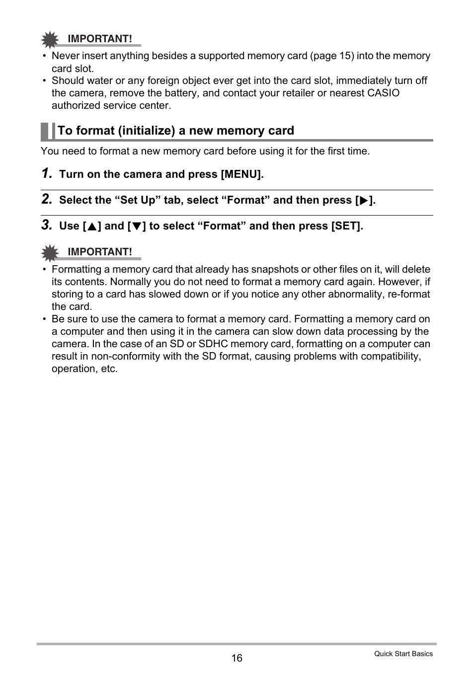 To format (initialize) a new memory card | Casio EX-Z300 User Manual | Page 16 / 170