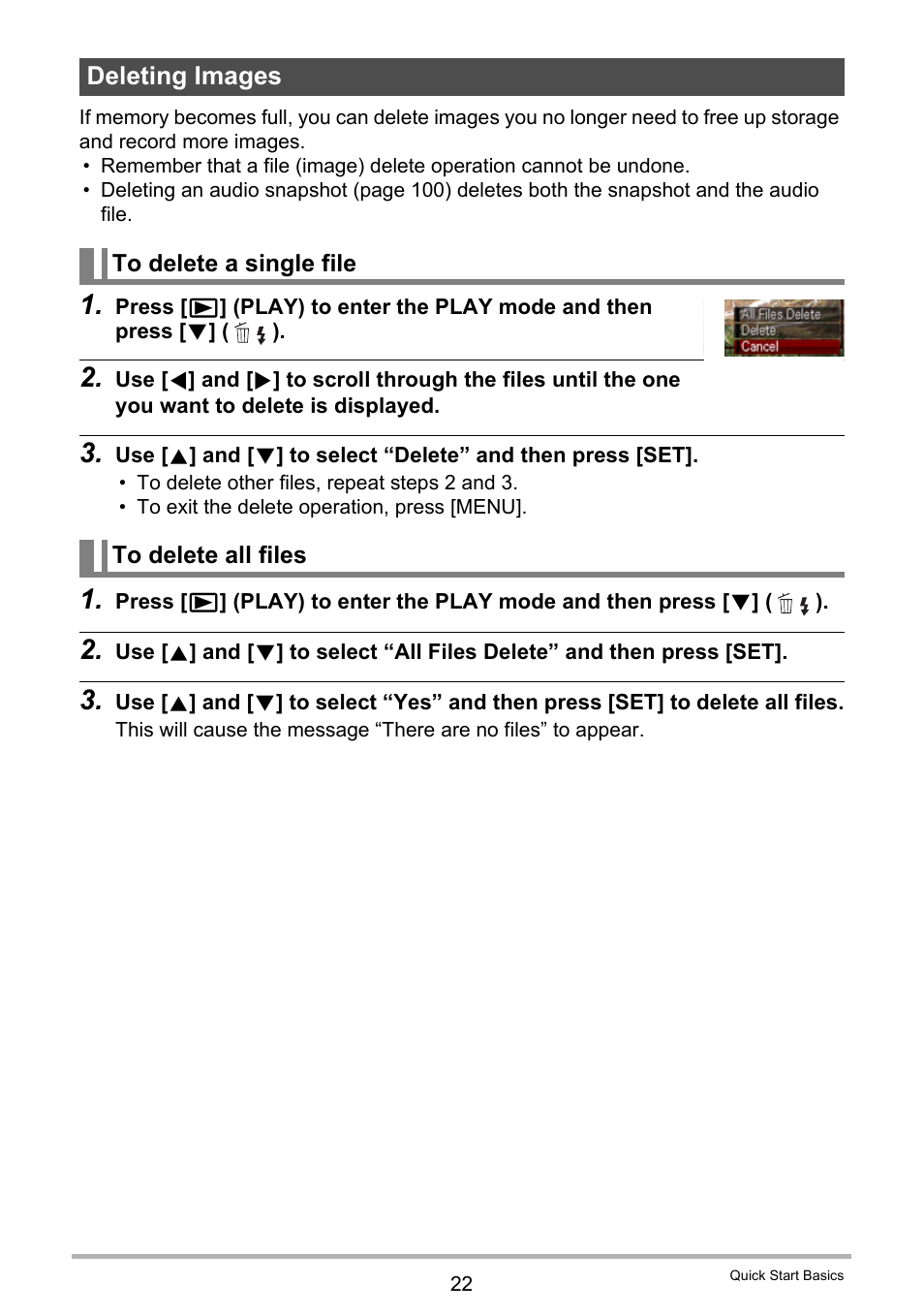 Deleting images, To delete a single file, To delete all files | Casio EX-Z300 User Manual | Page 22 / 170