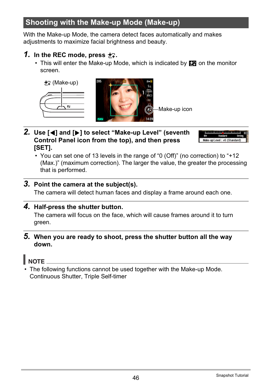 Shooting with the make-up mode (make-up) | Casio EX-Z300 User Manual | Page 46 / 170