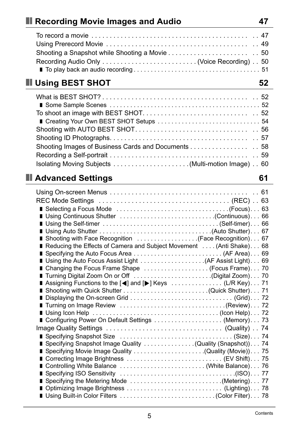 Recording movie images and audio 47, Using best shot 52, Advanced settings 61 | Casio EX-Z300 User Manual | Page 5 / 170