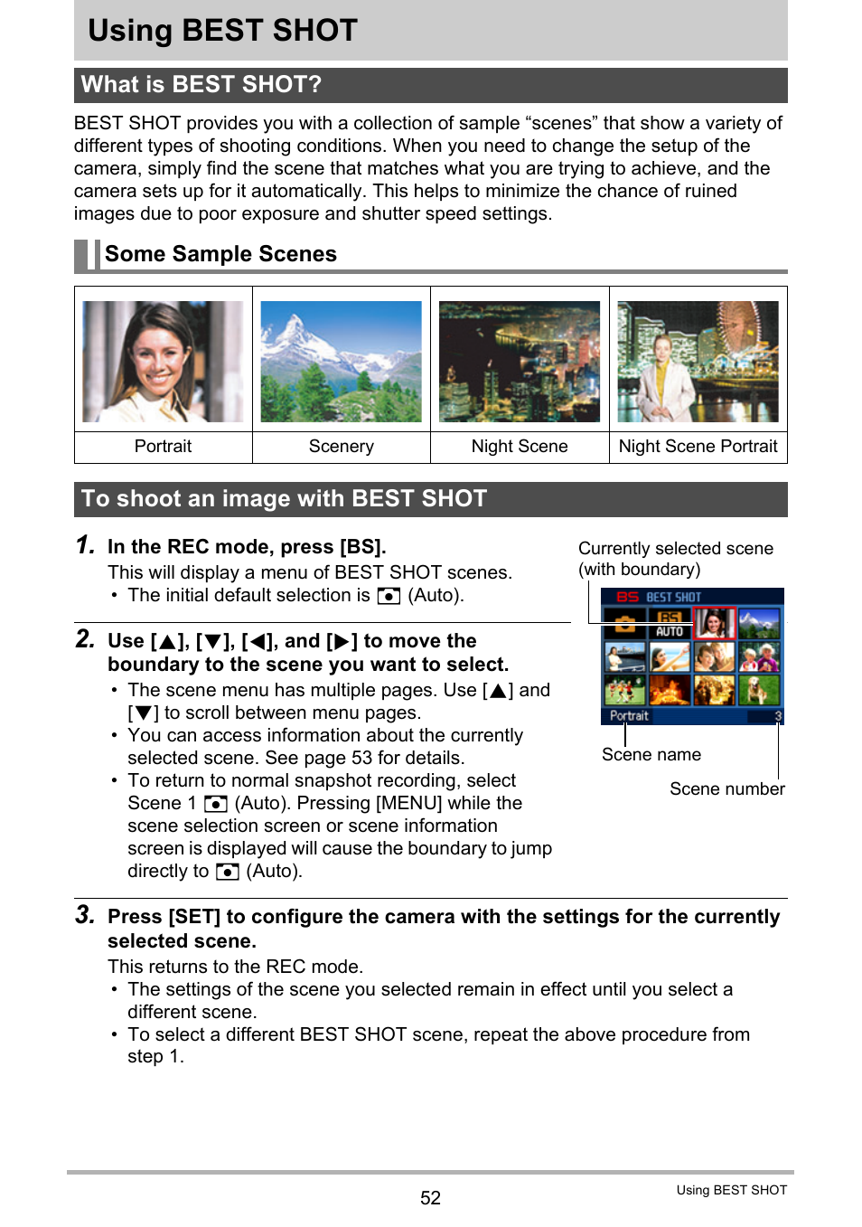 Using best shot, What is best shot, Some sample scenes | To shoot an image with best shot | Casio EX-Z300 User Manual | Page 52 / 170