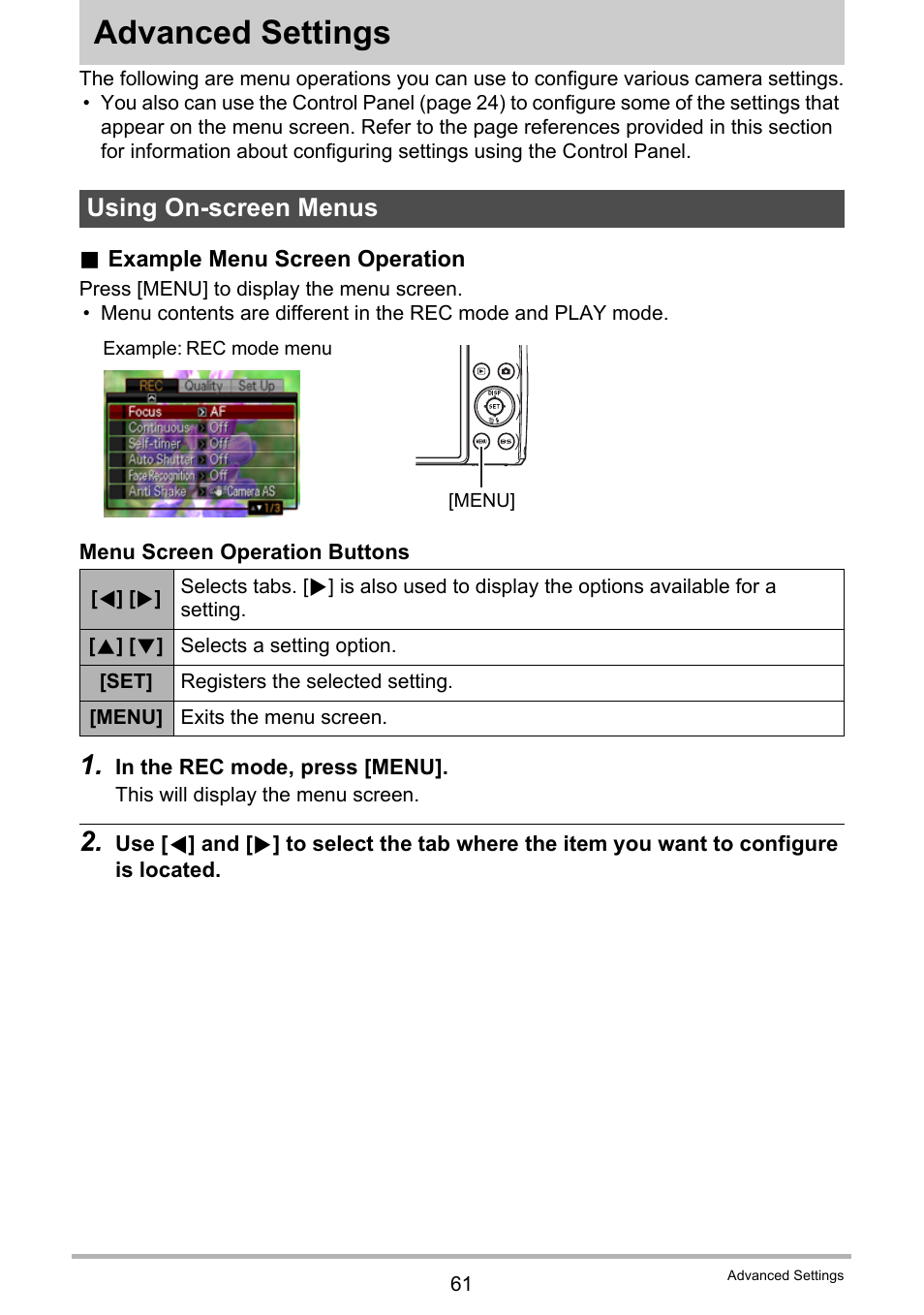 Advanced settings, Using on-screen menus | Casio EX-Z300 User Manual | Page 61 / 170