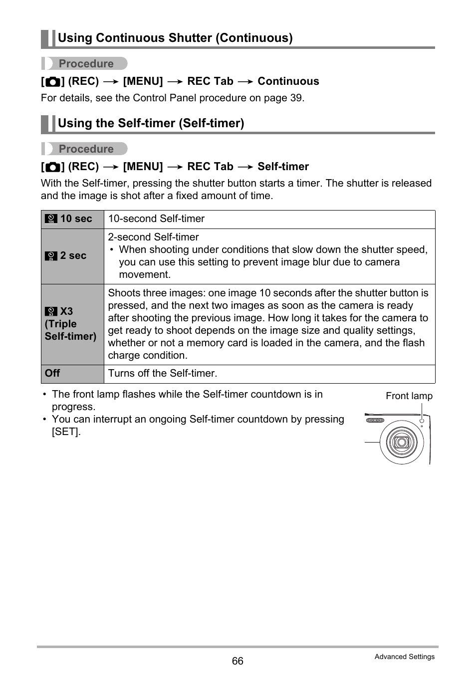 Using continuous shutter (continuous), Using the self-timer (self-timer) | Casio EX-Z300 User Manual | Page 66 / 170