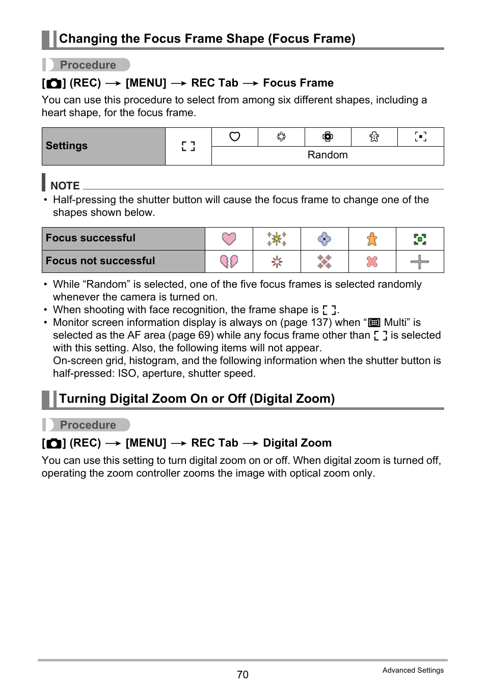 Changing the focus frame shape (focus frame), Turning digital zoom on or off (digital zoom) | Casio EX-Z300 User Manual | Page 70 / 170