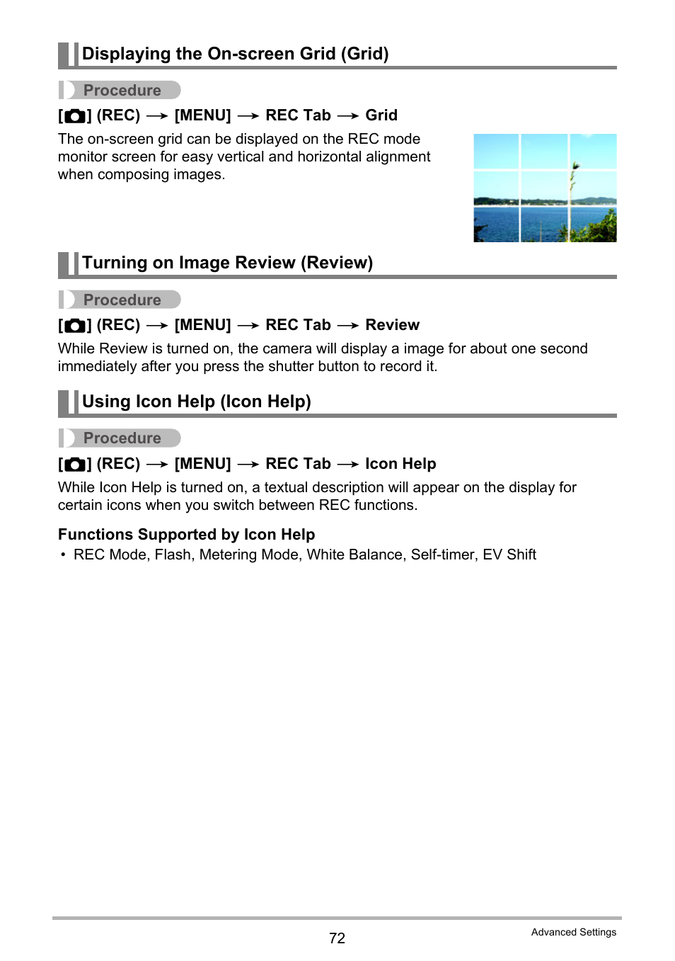 Displaying the on-screen grid (grid), Turning on image review (review), Using icon help (icon help) | Casio EX-Z300 User Manual | Page 72 / 170