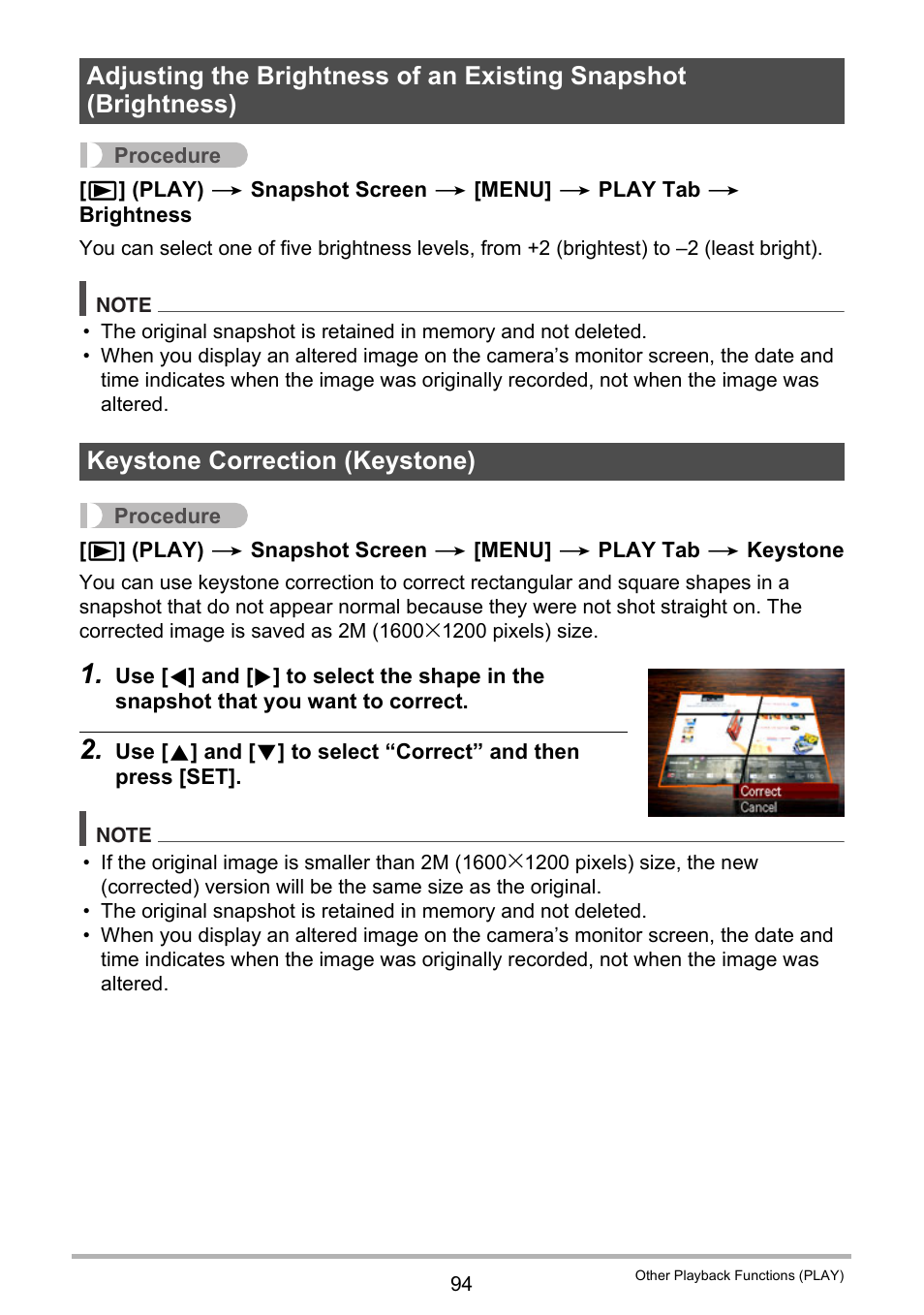 Keystone correction (keystone) | Casio EX-Z300 User Manual | Page 94 / 170