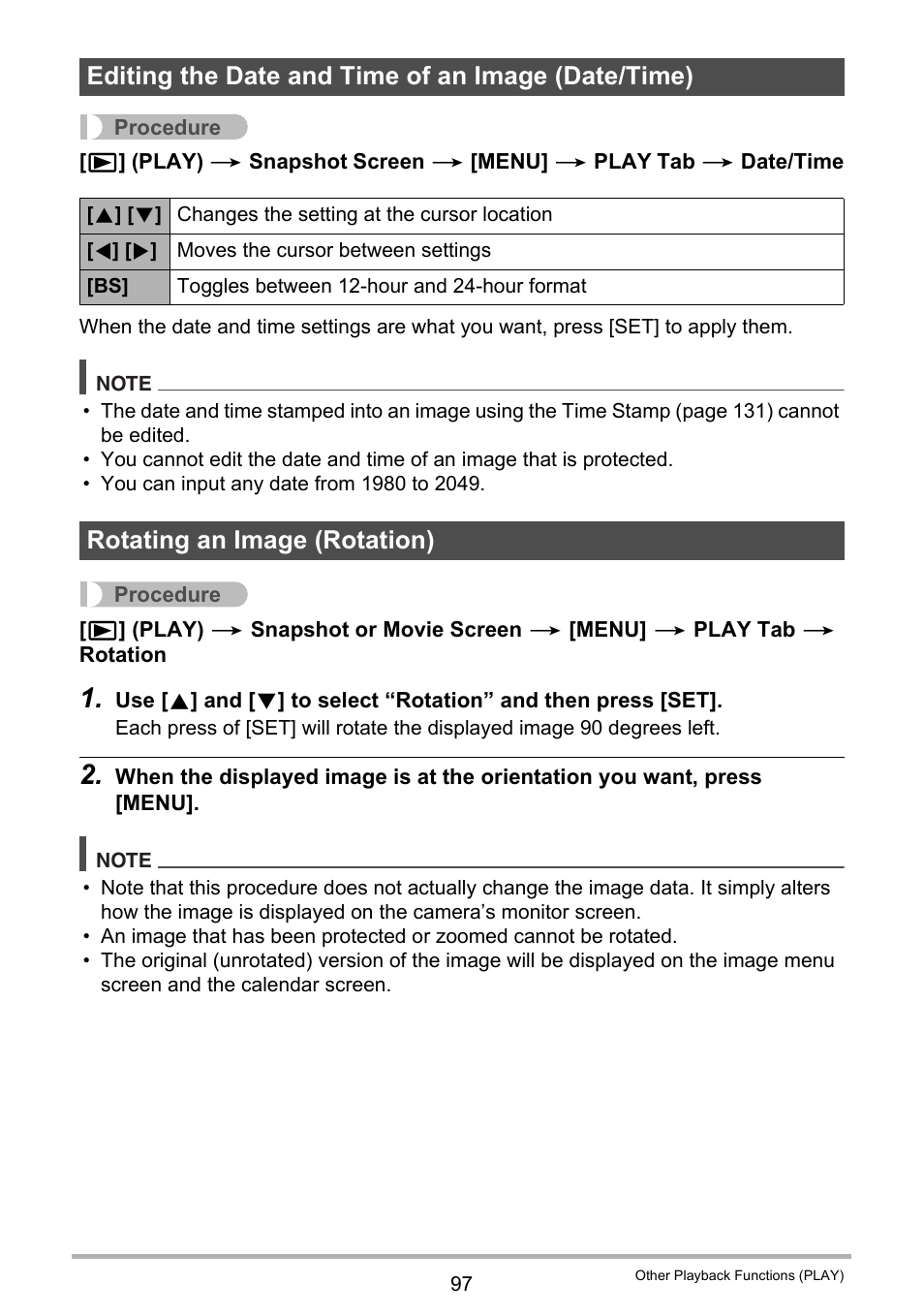 Editing the date and time of an image (date/time), Rotating an image (rotation) | Casio EX-Z300 User Manual | Page 97 / 170