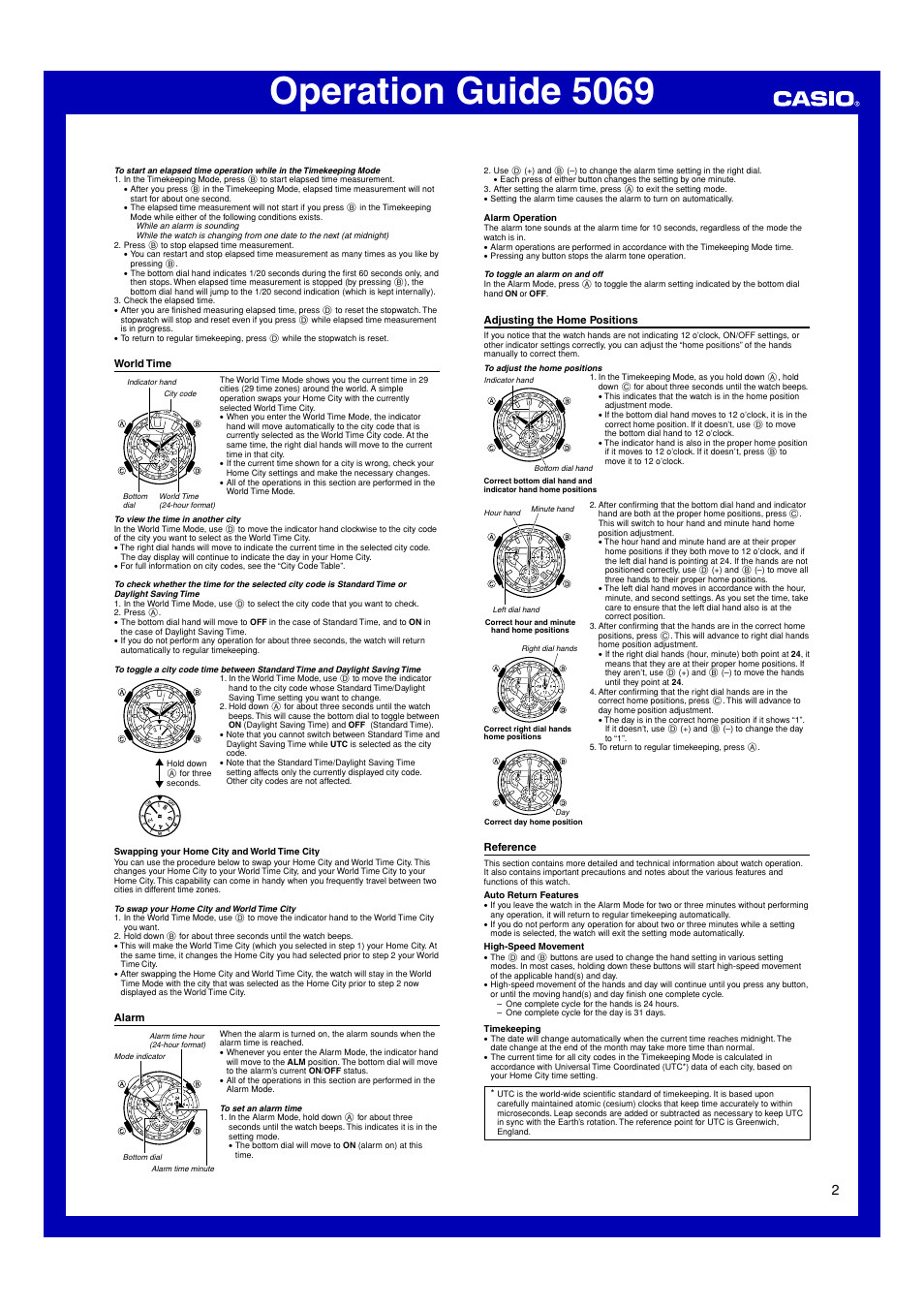 World time, Alarm, Adjusting the home positions | Reference, Operation guide 5069 | Casio 5069 User Manual | Page 2 / 3