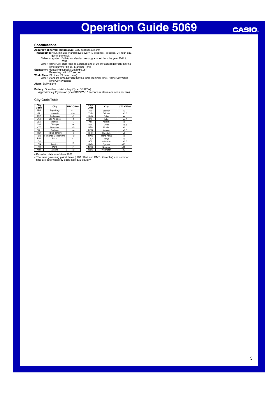 Specifications, City code table, Operation guide 5069 | Casio 5069 User Manual | Page 3 / 3