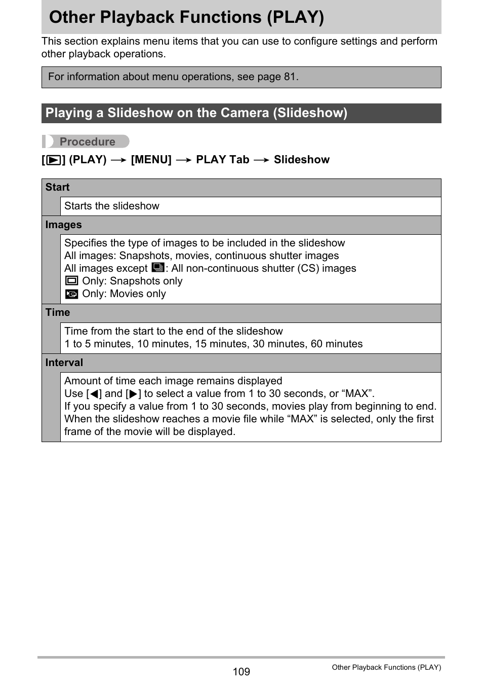 Other playback functions (play), Playing a slideshow on the camera (slideshow), Other playback functions | Play) 109 | Casio EX-ZR10  EN User Manual | Page 109 / 199