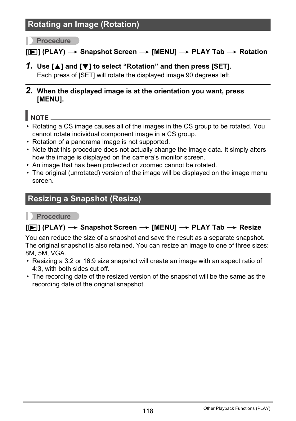 Rotating an image (rotation), Resizing a snapshot (resize) | Casio EX-ZR10  EN User Manual | Page 118 / 199