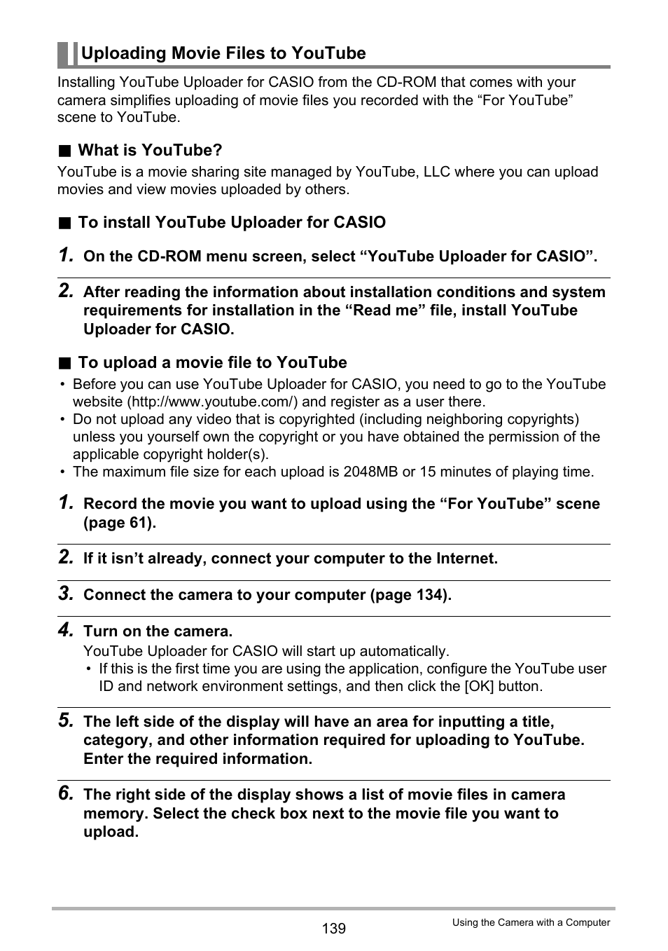 Uploading movie files to youtube | Casio EX-ZR10  EN User Manual | Page 139 / 199