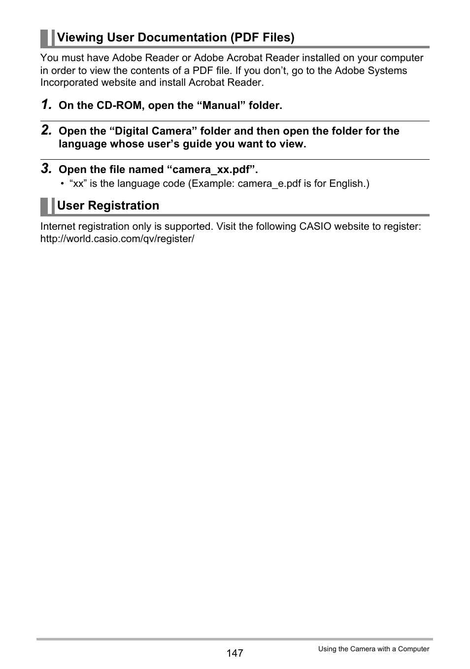 Viewing user documentation (pdf files), User registration | Casio EX-ZR10  EN User Manual | Page 147 / 199