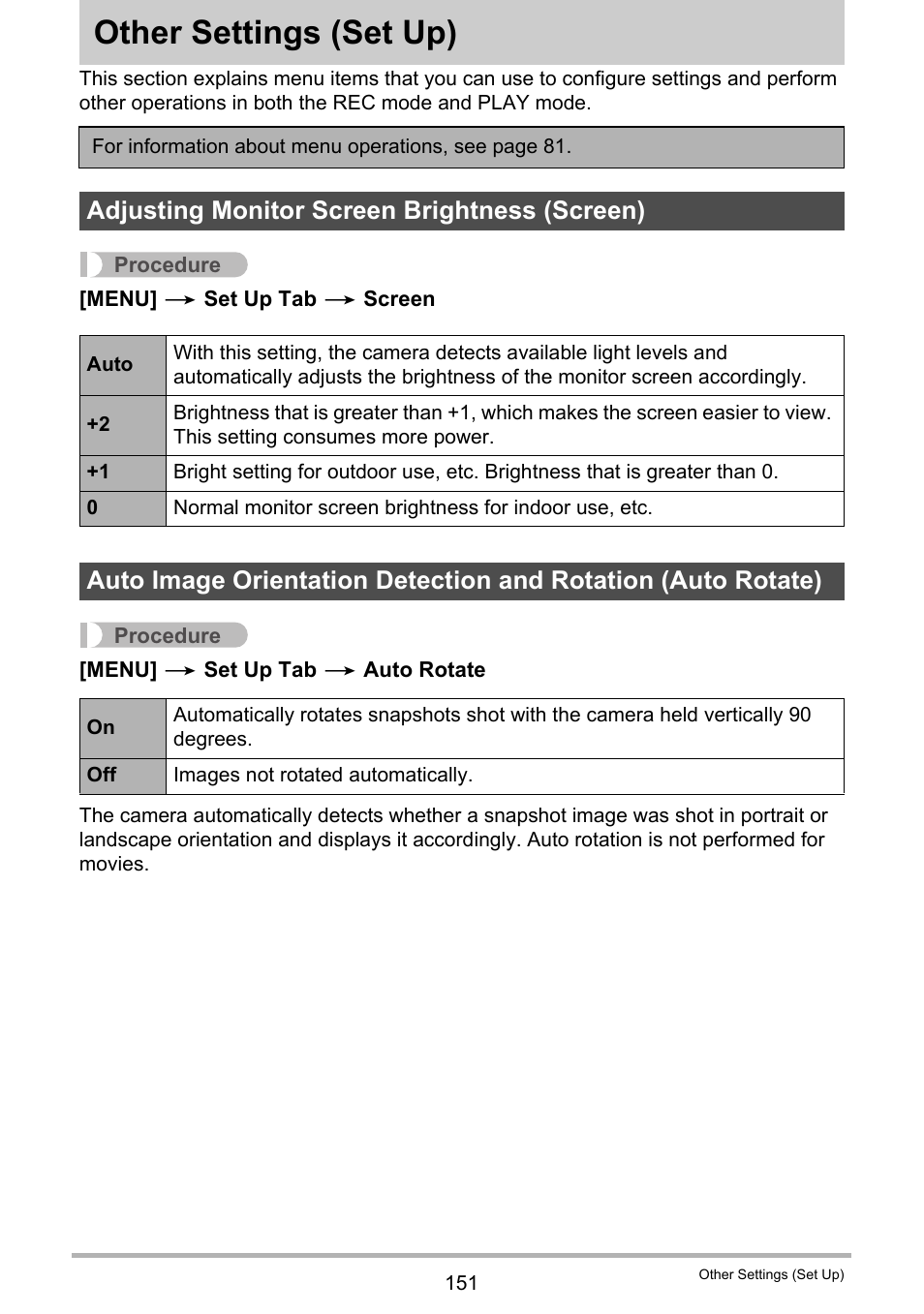 Other settings (set up), Adjusting monitor screen brightness (screen), Other settings | Set up) 151 | Casio EX-ZR10  EN User Manual | Page 151 / 199