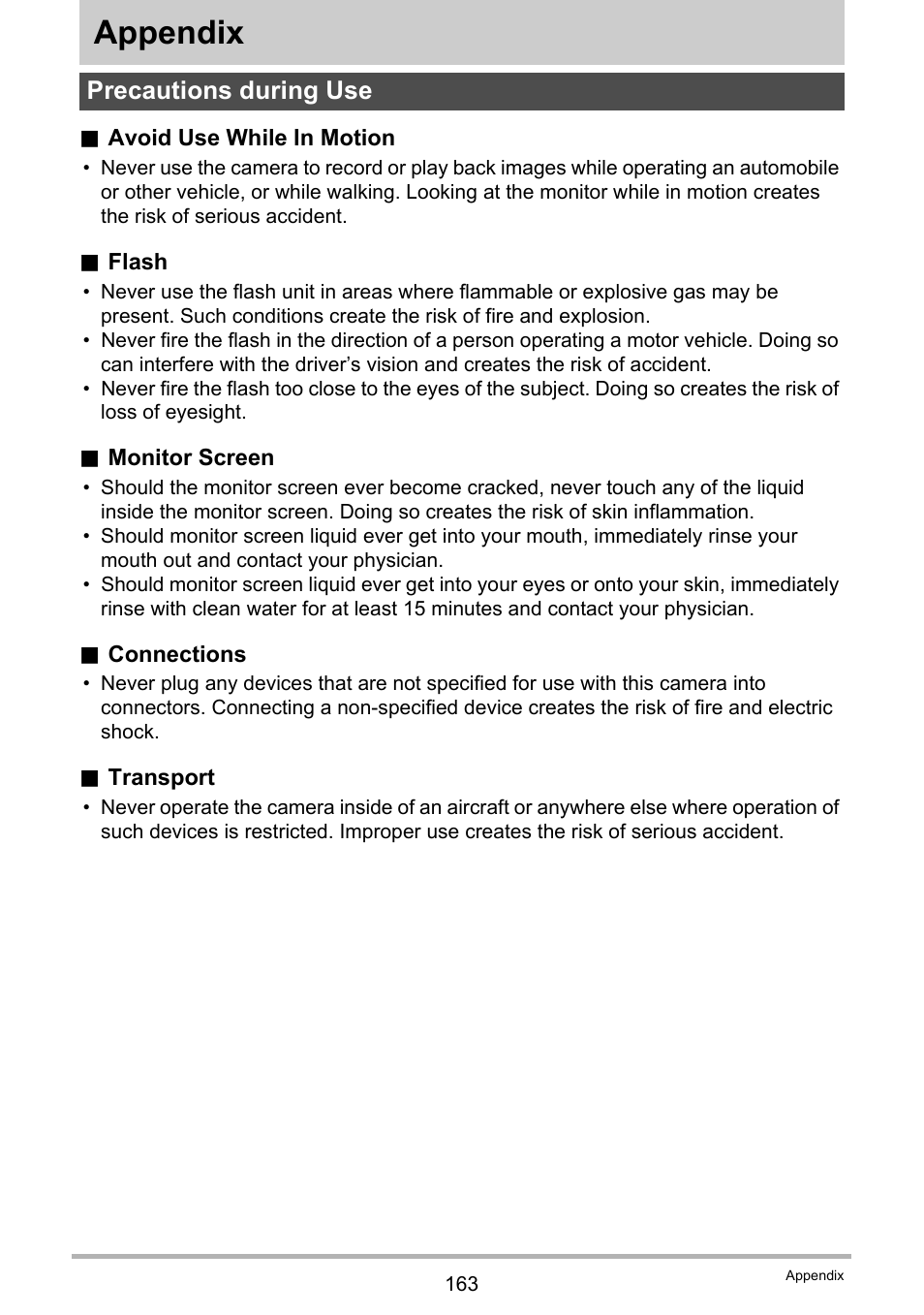 Appendix, Precautions during use | Casio EX-ZR10  EN User Manual | Page 163 / 199