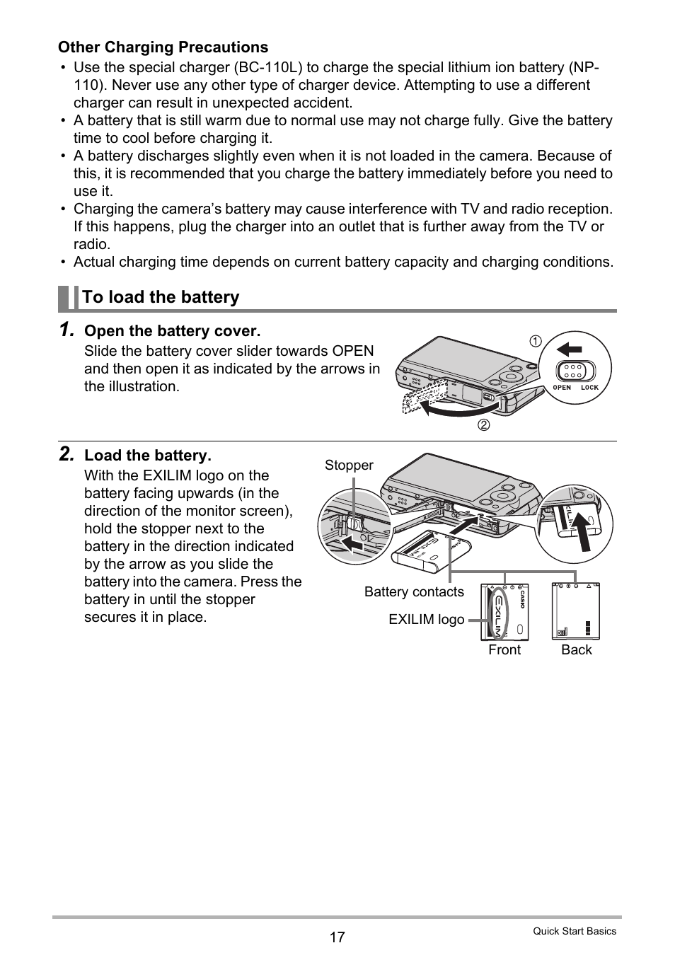To load the battery | Casio EX-ZR10  EN User Manual | Page 17 / 199