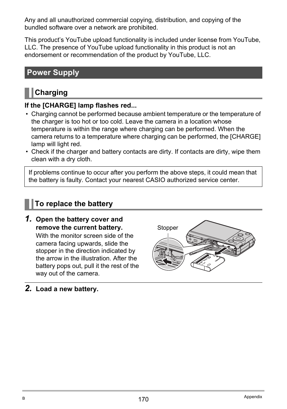 Power supply, Charging, To replace the battery | Casio EX-ZR10  EN User Manual | Page 170 / 199