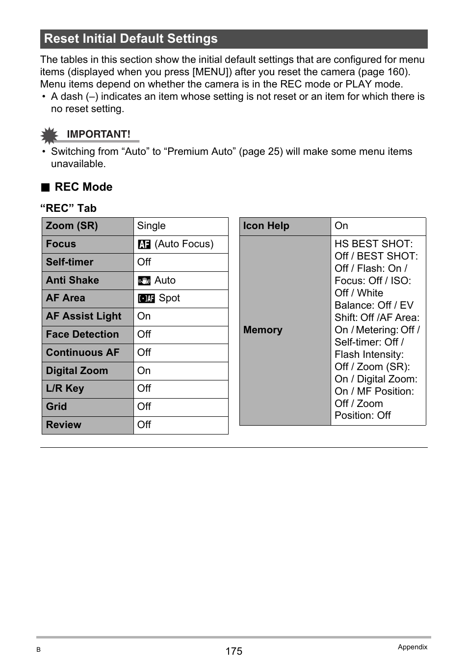 Reset initial default settings | Casio EX-ZR10  EN User Manual | Page 175 / 199