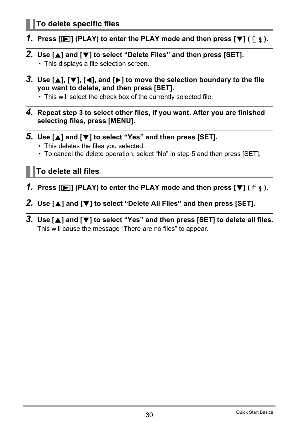To delete specific files, To delete all files | Casio EX-ZR10  EN User Manual | Page 30 / 199