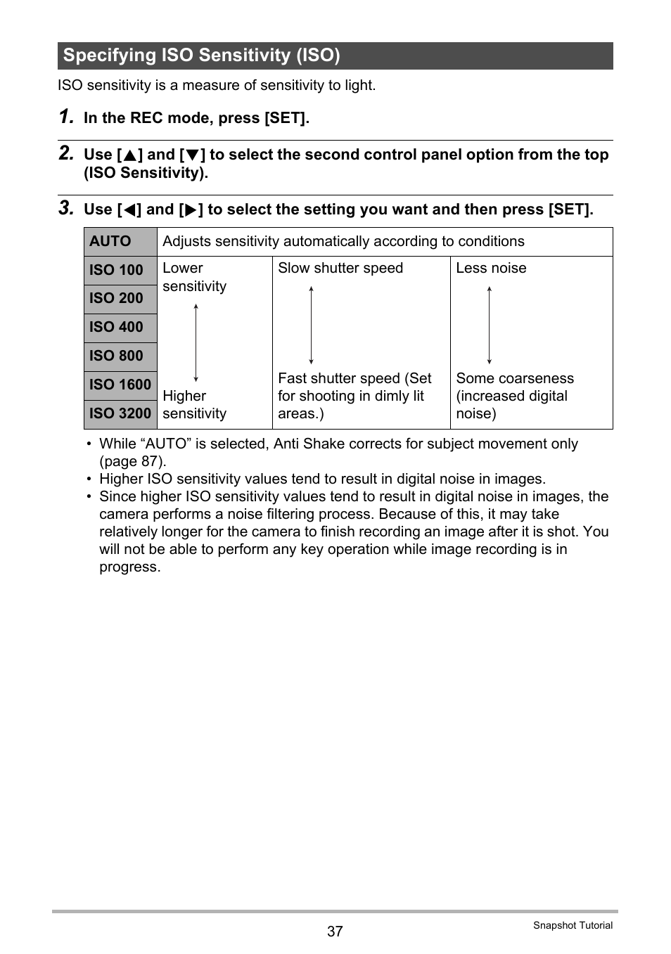 Specifying iso sensitivity (iso) | Casio EX-ZR10  EN User Manual | Page 37 / 199