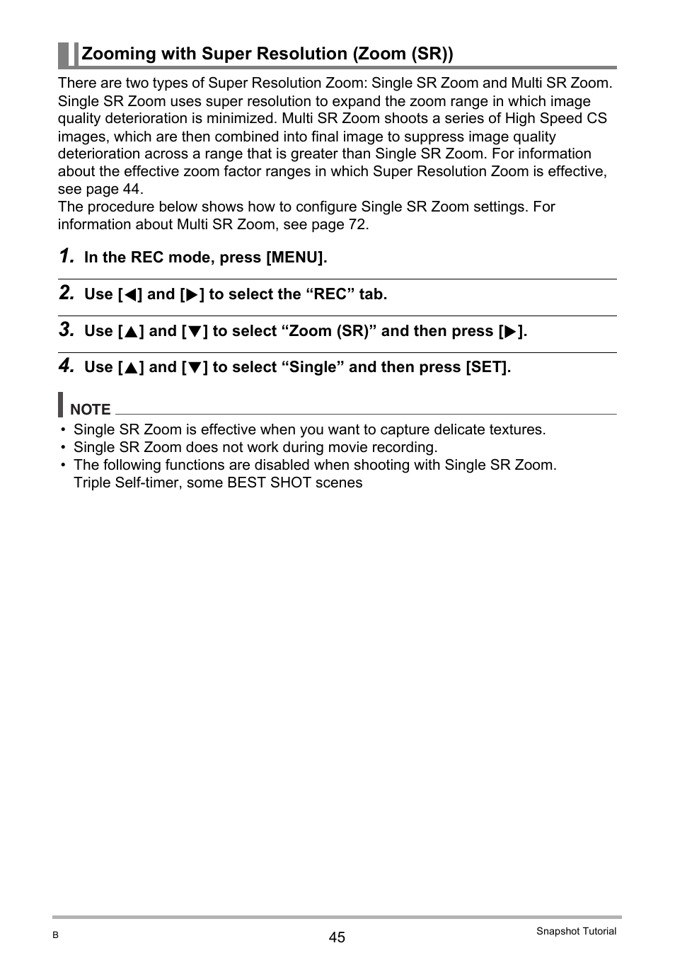 Zooming with super resolution (zoom (sr)) | Casio EX-ZR10  EN User Manual | Page 45 / 199