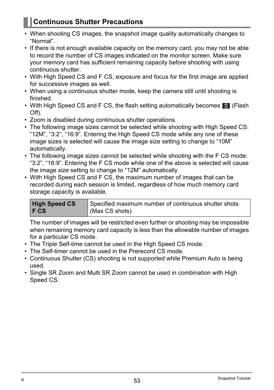 Continuous shutter precautions | Casio EX-ZR10  EN User Manual | Page 53 / 199