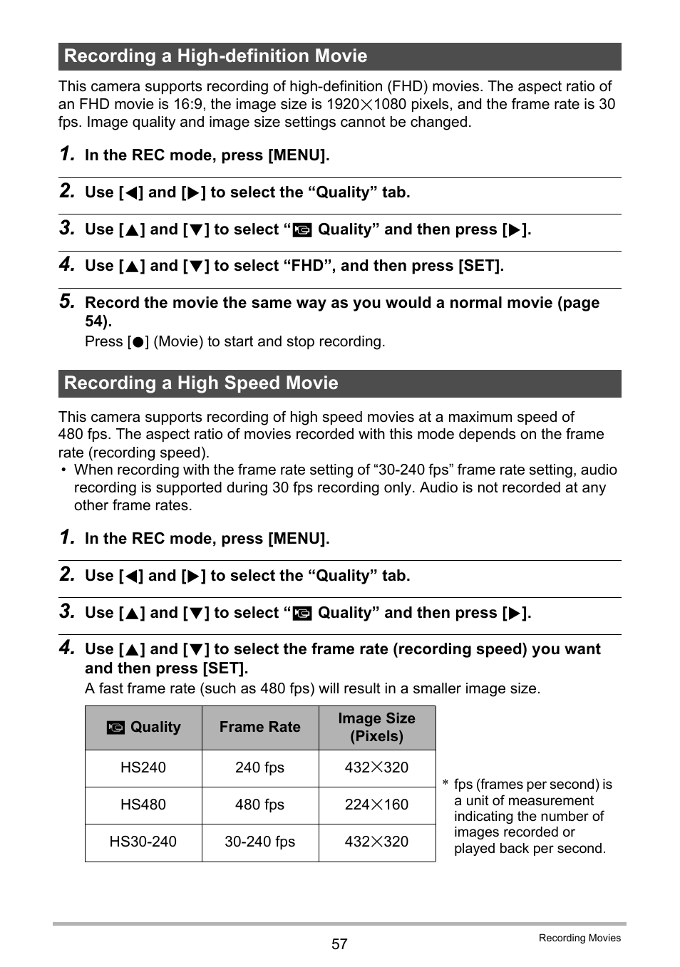 Recording a high-definition movie, Recording a high speed movie, 57)/r | For more information | Casio EX-ZR10  EN User Manual | Page 57 / 199