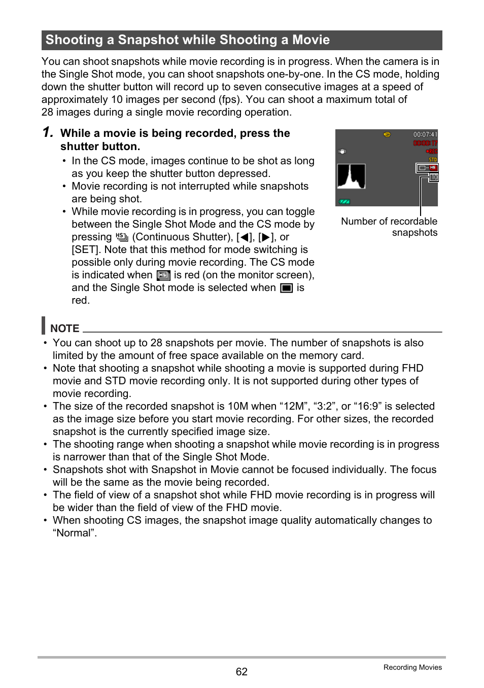Shooting a snapshot while shooting a movie | Casio EX-ZR10  EN User Manual | Page 62 / 199