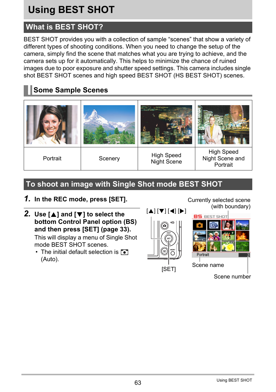 Using best shot, What is best shot, Some sample scenes | To shoot an image with single shot mode best shot | Casio EX-ZR10  EN User Manual | Page 63 / 199