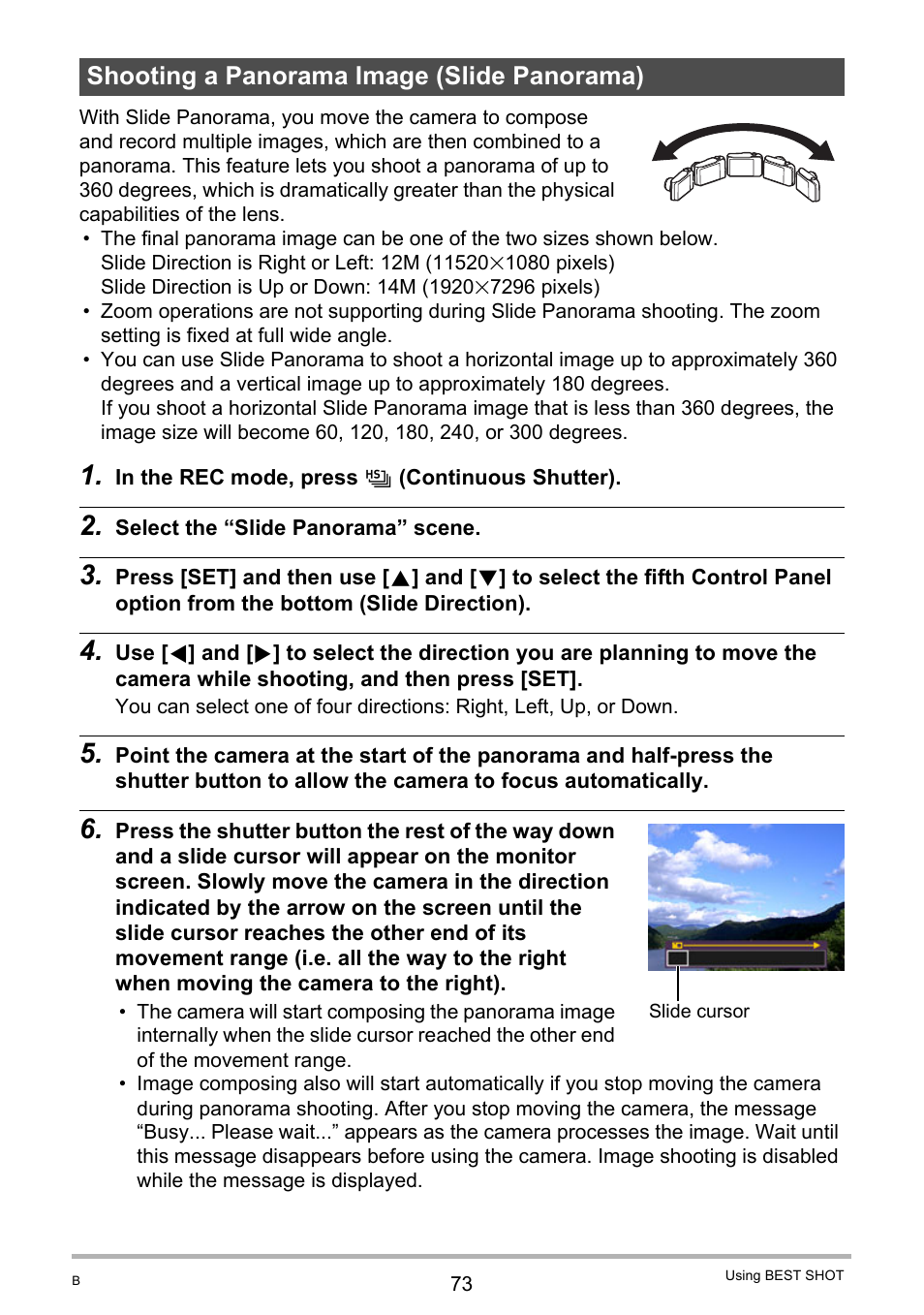 Shooting a panorama image (slide panorama) | Casio EX-ZR10  EN User Manual | Page 73 / 199