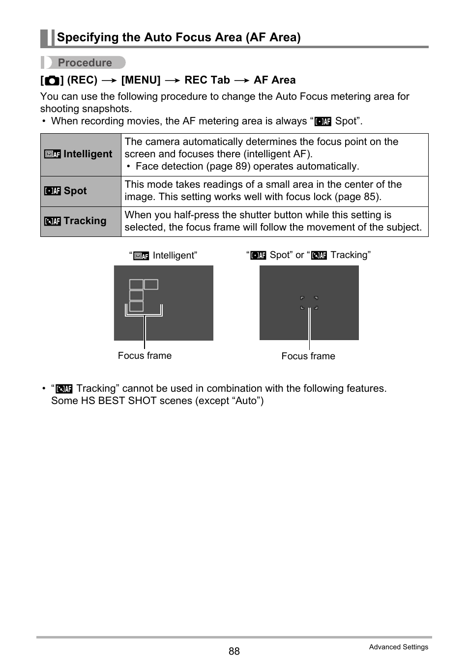 Specifying the auto focus area (af area) | Casio EX-ZR10  EN User Manual | Page 88 / 199
