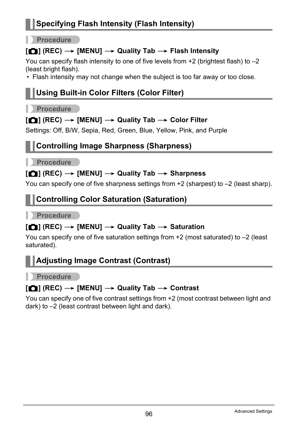 Specifying flash intensity (flash intensity), Using built-in color filters (color filter), Controlling image sharpness (sharpness) | Controlling color saturation (saturation), Adjusting image contrast (contrast) | Casio EX-ZR10  EN User Manual | Page 96 / 199