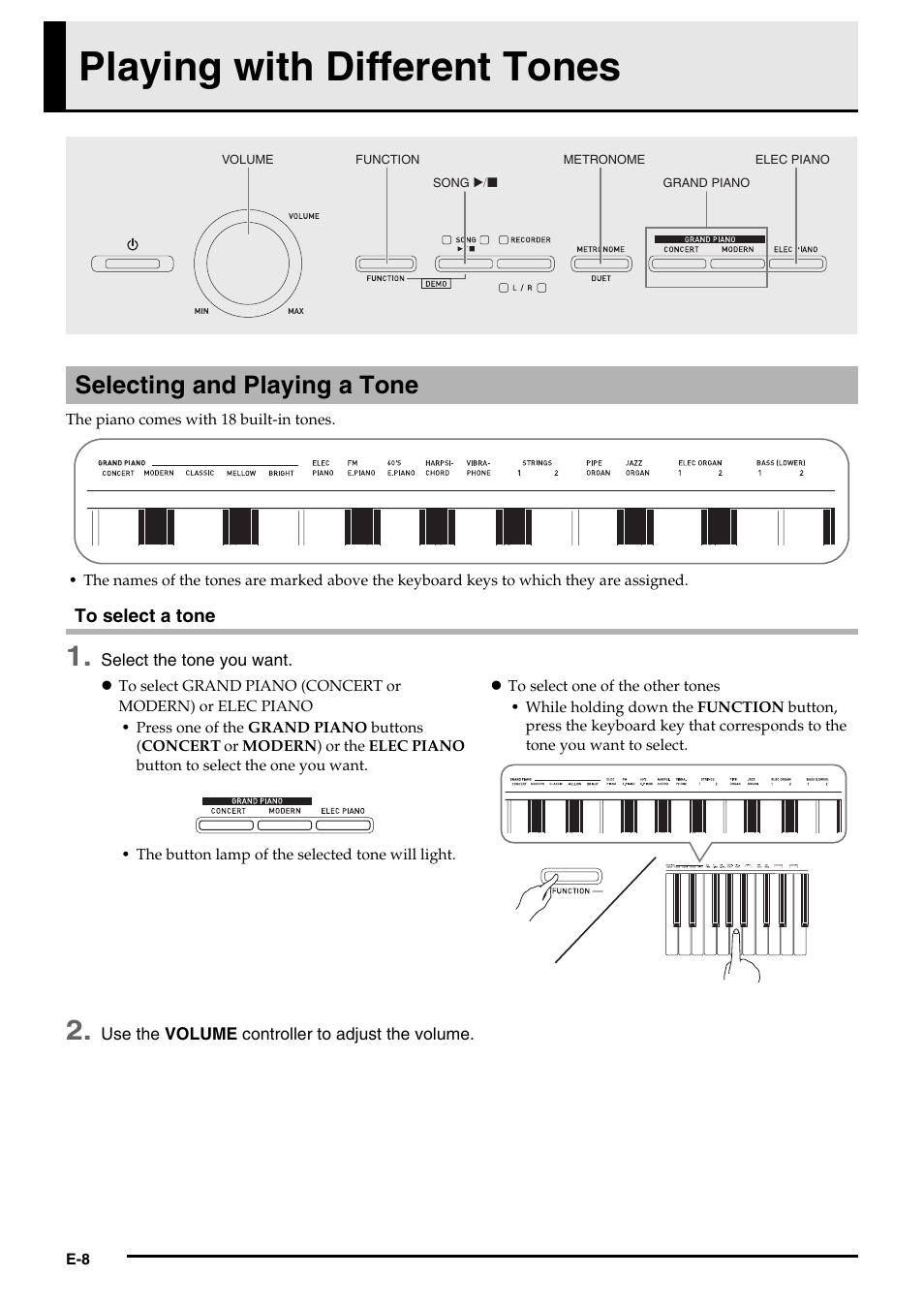 Playing with different tones, Selecting and playing a tone | Casio PX-750 User Manual | Page 10 / 42