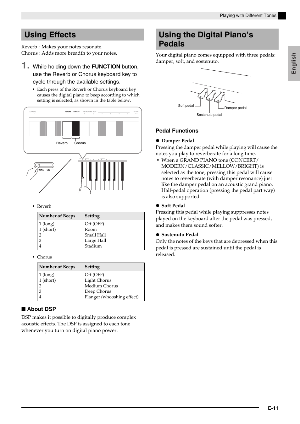 Using effects, Using the digital piano’s pedals | Casio PX-750 User Manual | Page 13 / 42