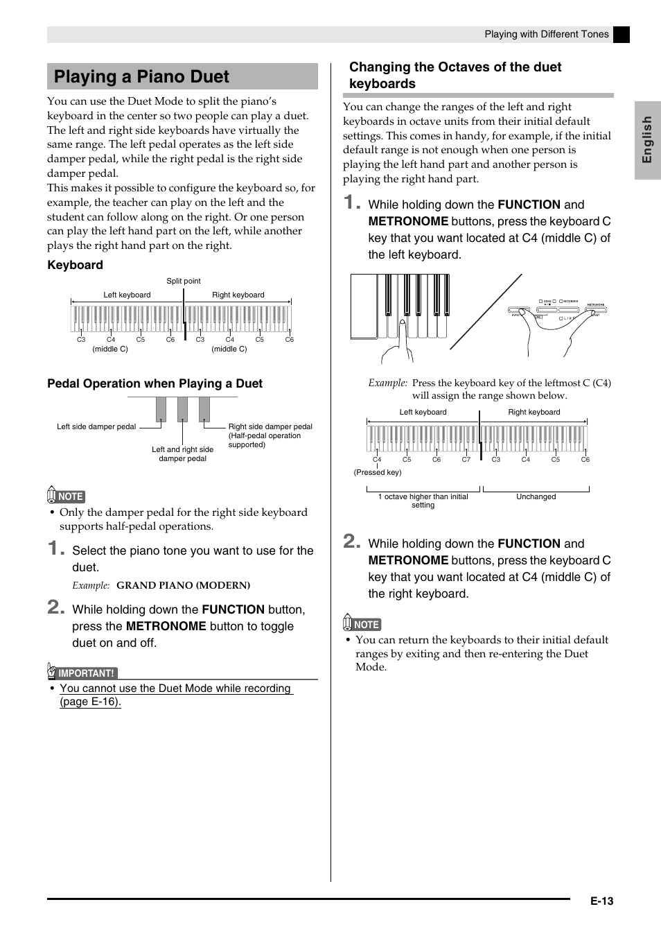 Playing a piano duet, Changing the octaves of the duet keyboards | Casio PX-750 User Manual | Page 15 / 42