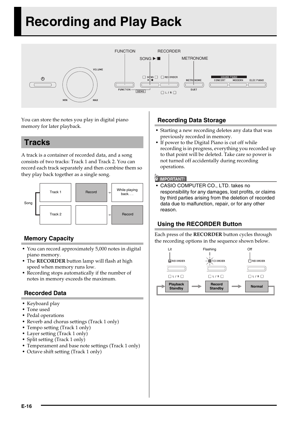Recording and play back, Tracks, Recorded data | Recording data storage, Using the recorder button | Casio PX-750 User Manual | Page 18 / 42