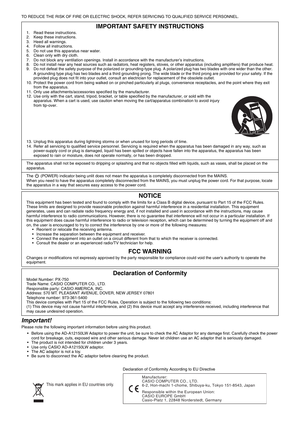 Important, Important safety instructions, Notice | Fcc warning, Declaration of conformity | Casio PX-750 User Manual | Page 2 / 42