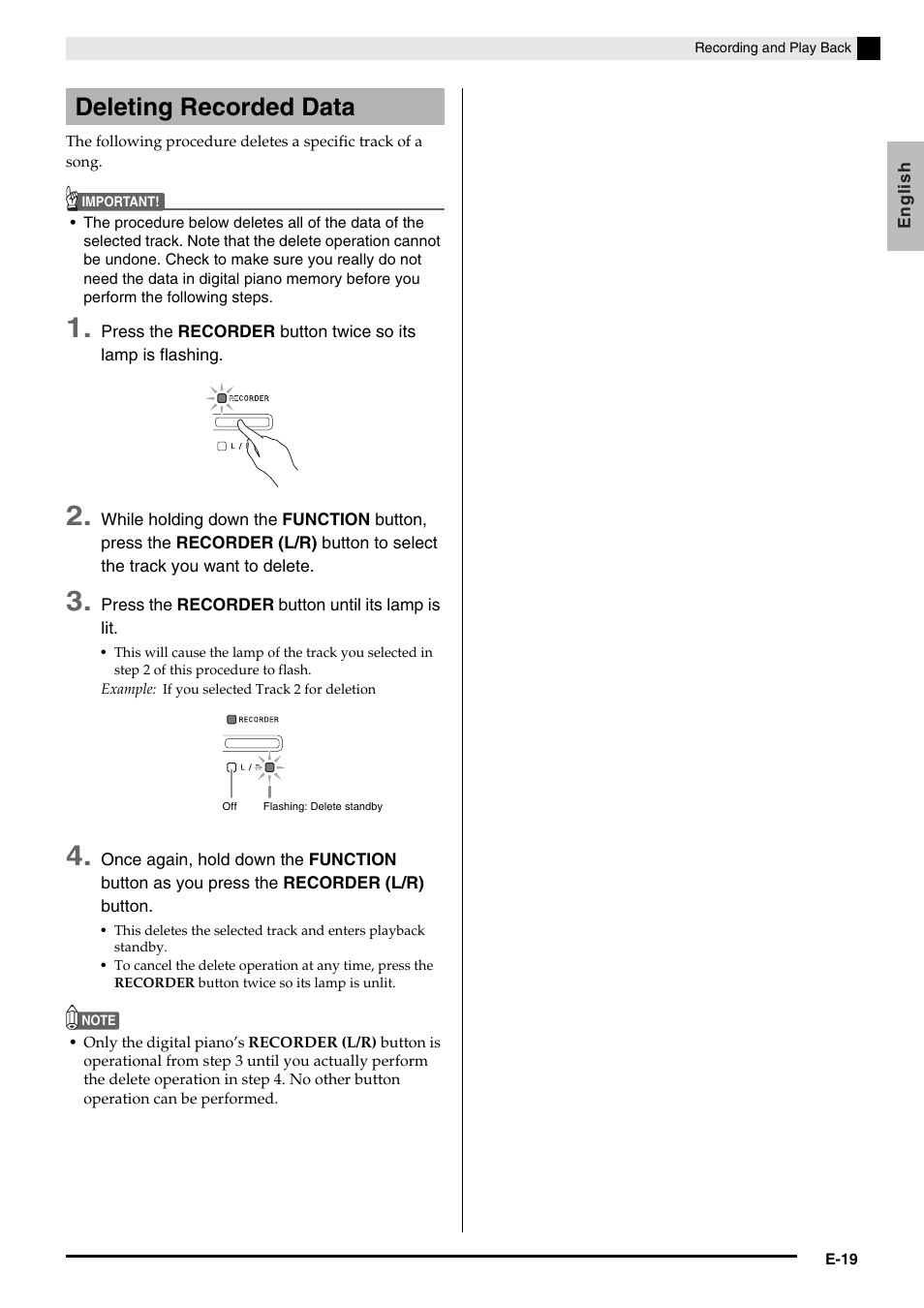 Deleting recorded data | Casio PX-750 User Manual | Page 21 / 42